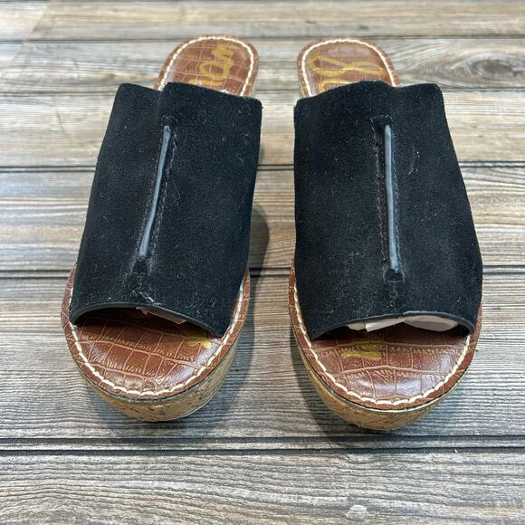 Sam Edelman Cork Black Leather Wedge Sandals Size 8 - Picture 4 of 7